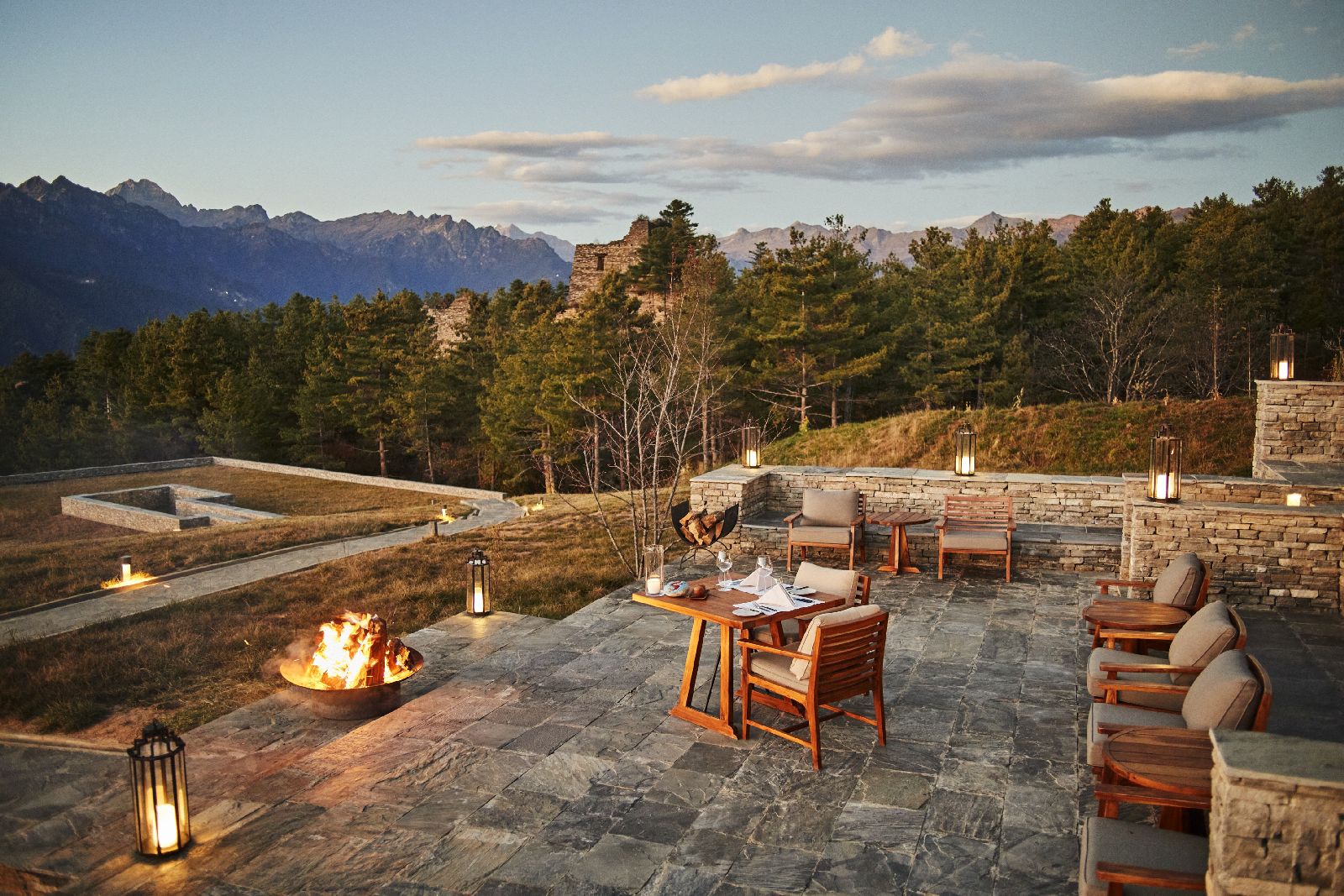Outdoor dining terrace at the Six Senses Paro in Bhutan