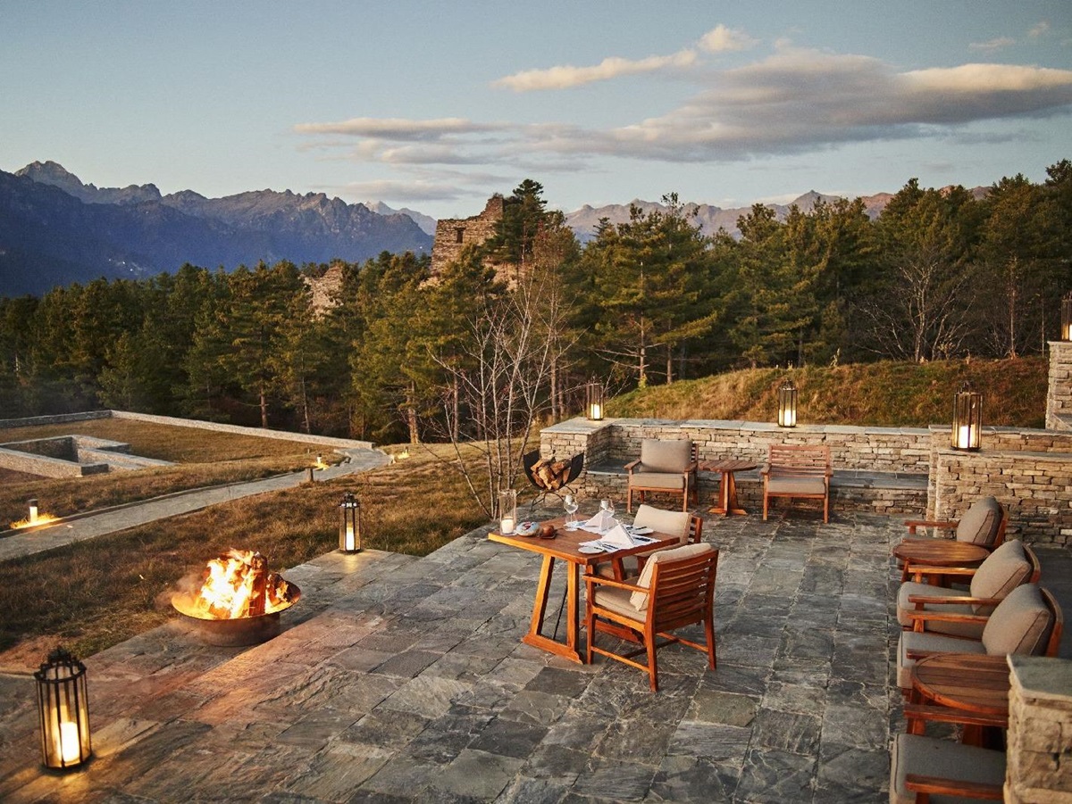 Outdoor dining terrace at the Six Senses Paro in Bhutan