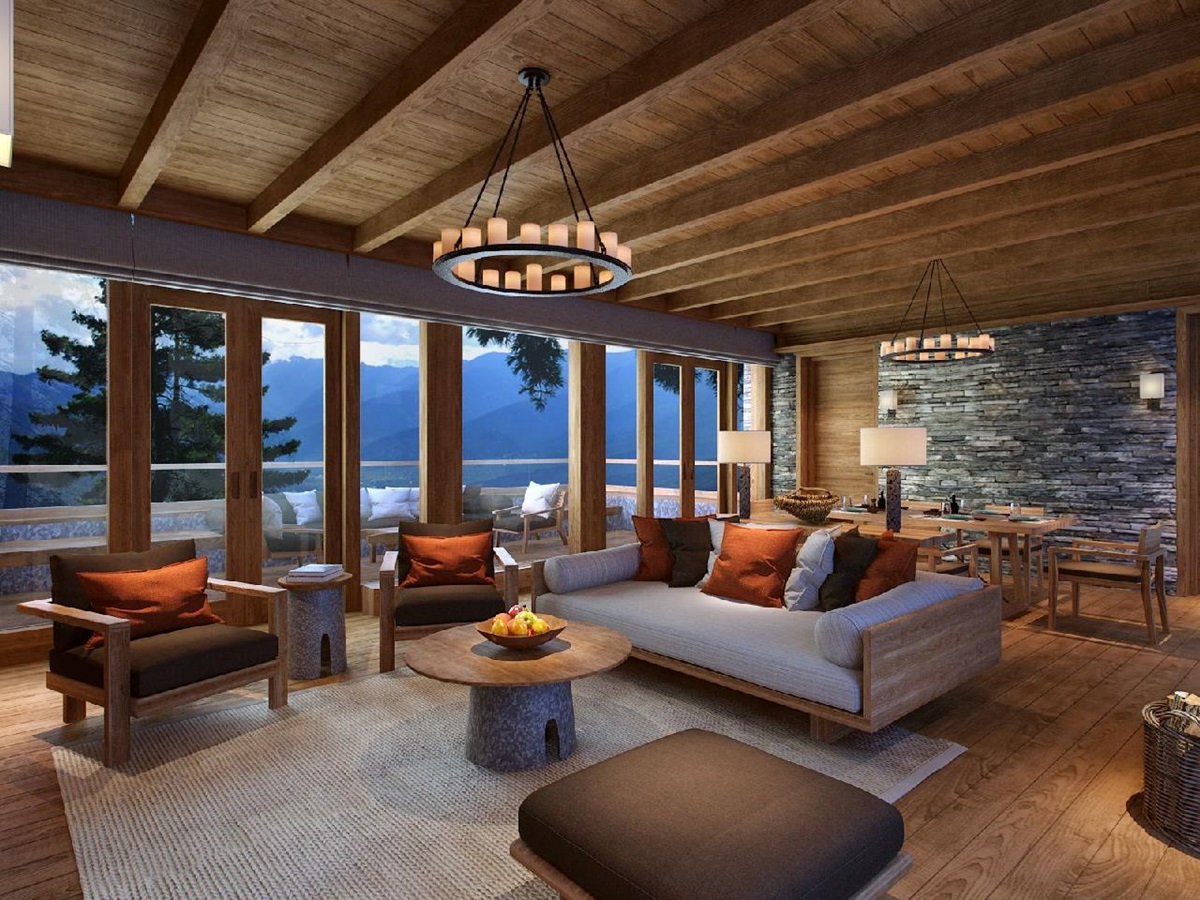 Living room of a villa at the Six Senses Paro in Bhutan