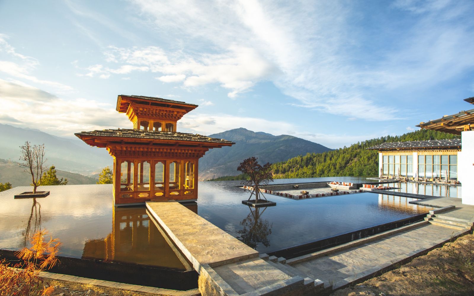 Prayer Pavilion on the Reflecting Pool at luxury hotel Six Senses Thimpu Lodge in Bhutan