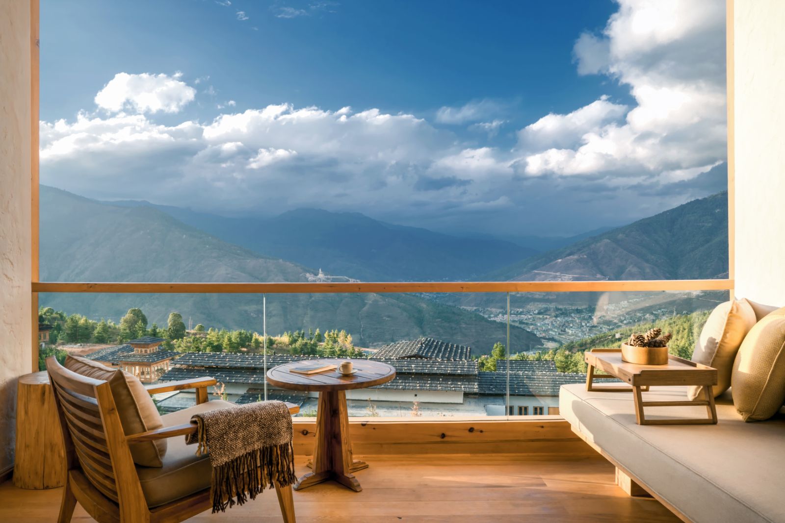 View over the valley from a suite at luxury hotel Six Senses Thimpu Lodge in Bhutan