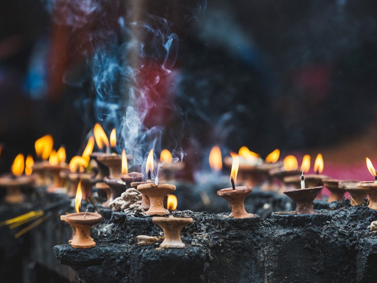 Butter lamps offering at a temple in Bhutan