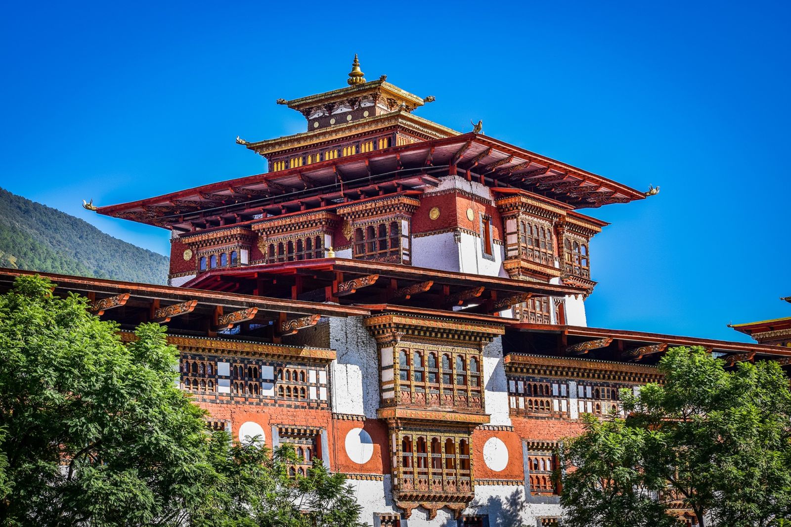 Ornate red, white and gold temple in Bhutan