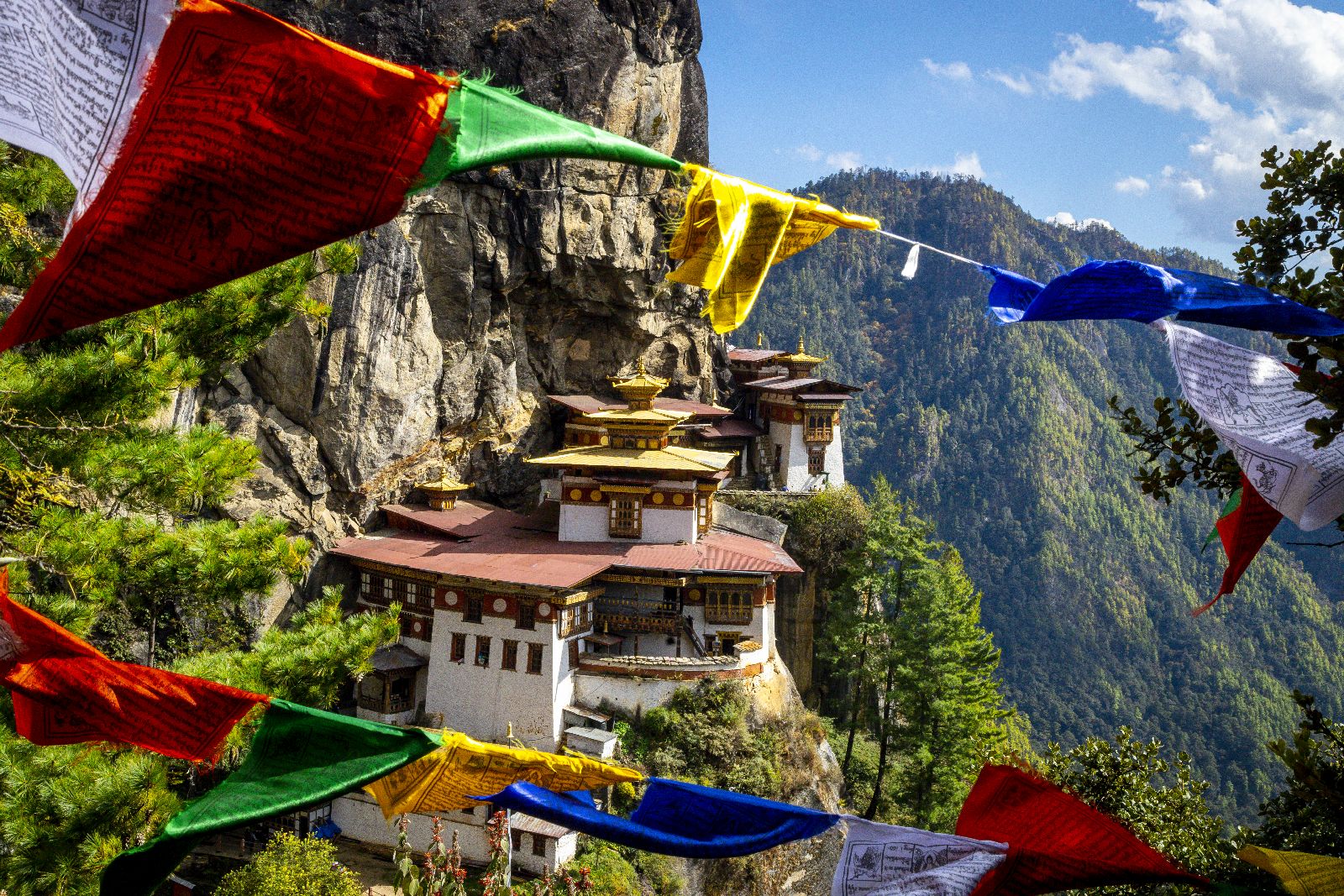 The Tigers Nest Monastery and colourful prayer flags in Bhutan