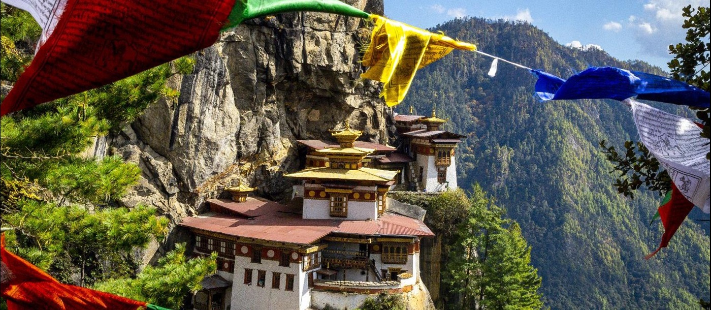 The Tigers Nest Monastery and colourful prayer flags in Bhutan