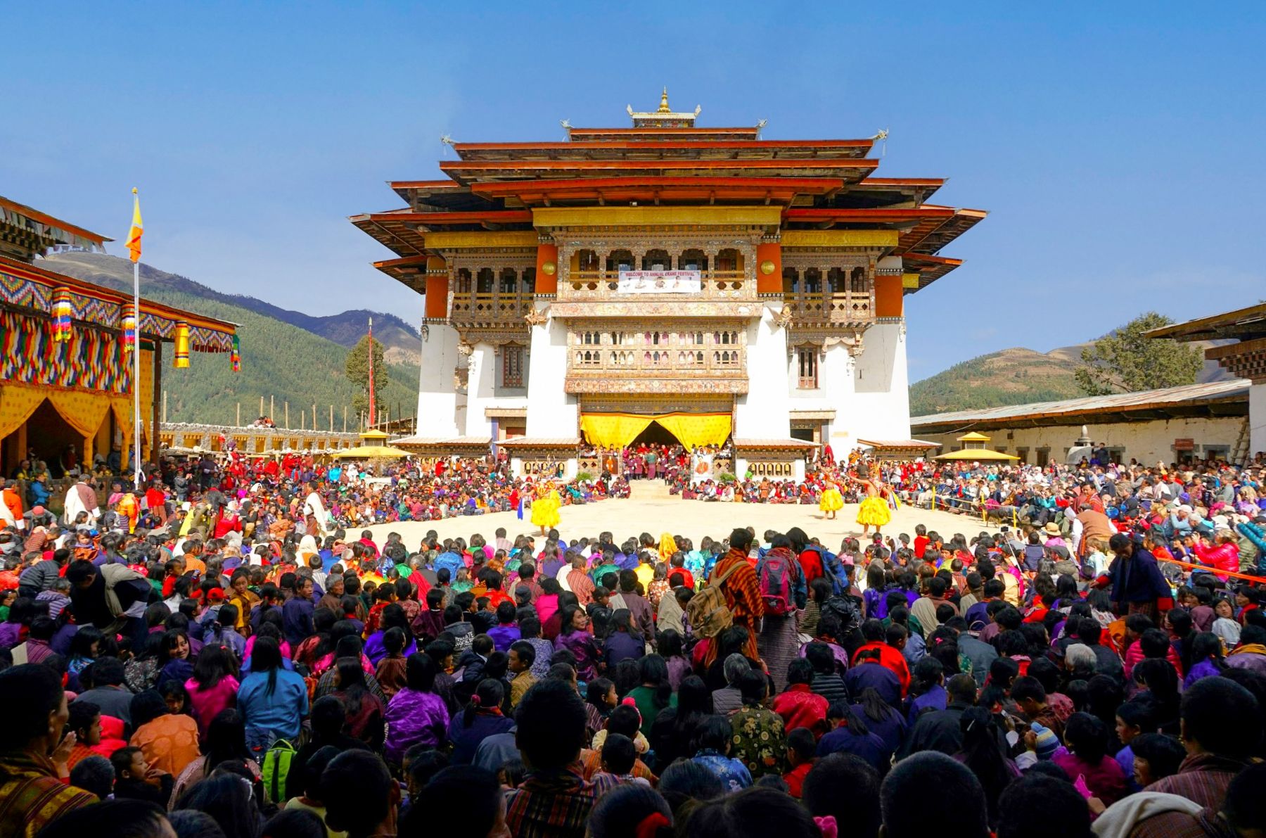 Crowds gathered in the Gangtey Gompa in Bhutan for a festival
