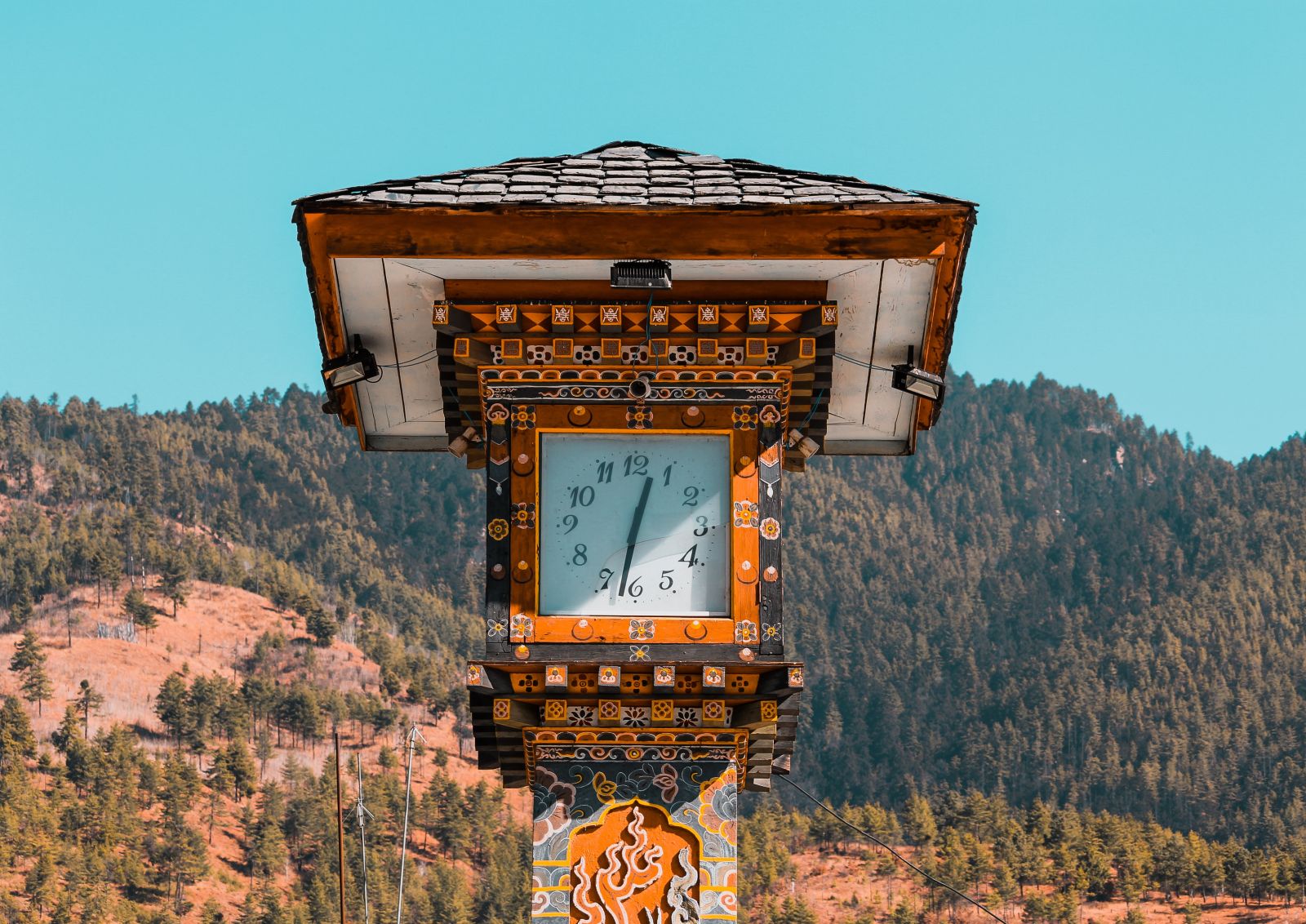 Ornate clock tower in Thimphu, Bhutan