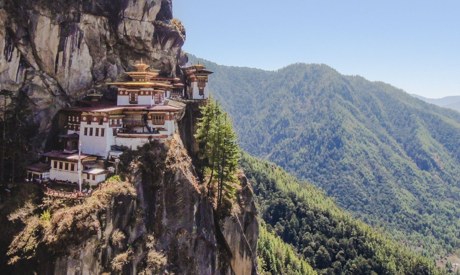 View of the Tiger's Nest Monastery in Bhutan and mountain backdrop