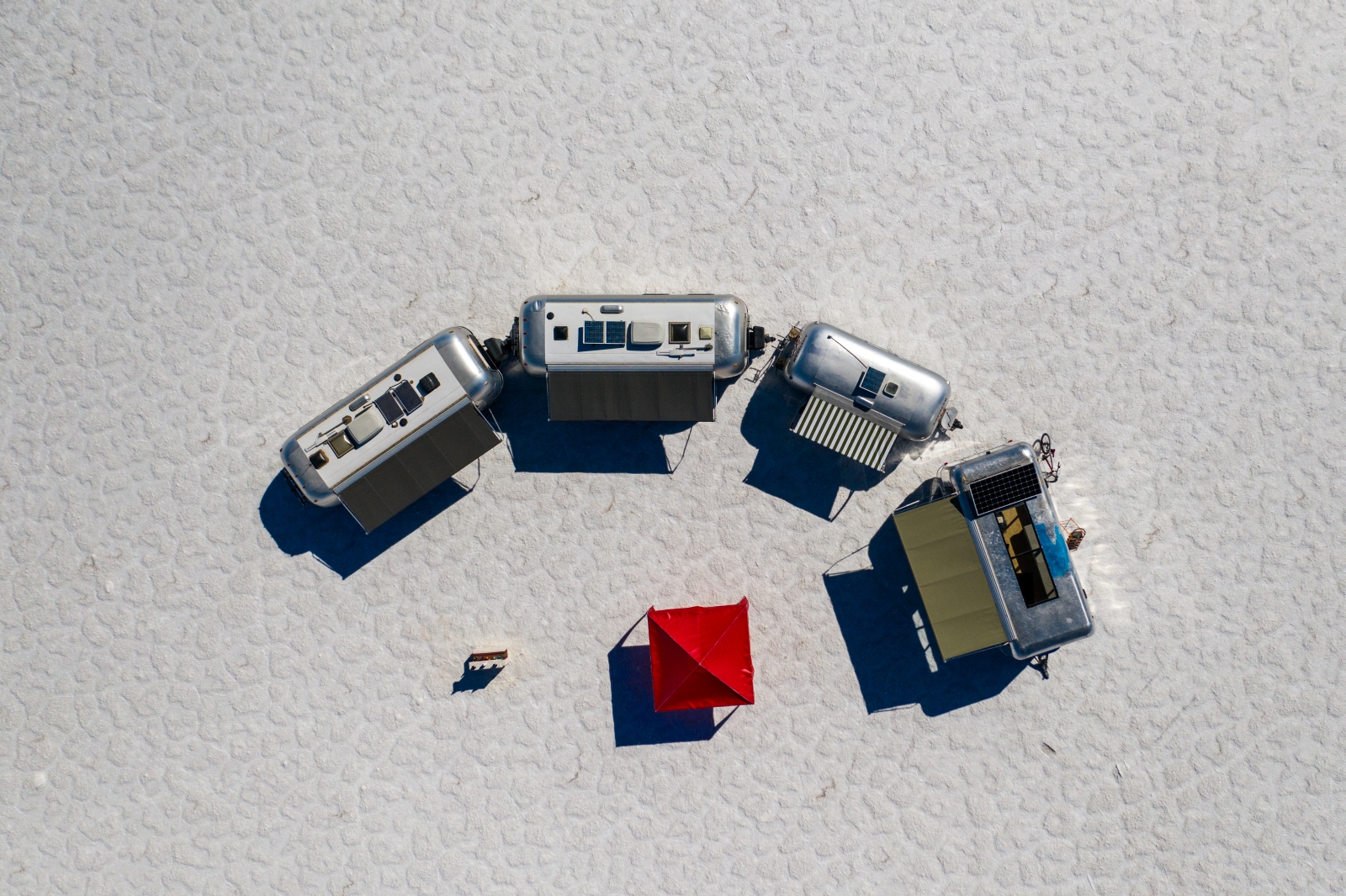 Aerial view of Deluxe Airstream Camper in Bolivia Salt Flats