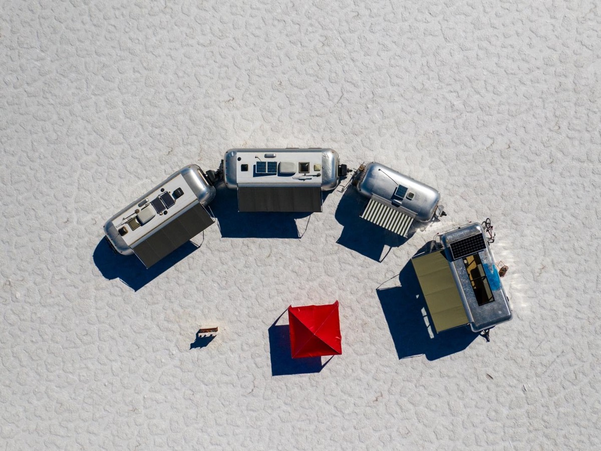 Aerial view of Deluxe Airstream Camper in Bolivia Salt Flats
