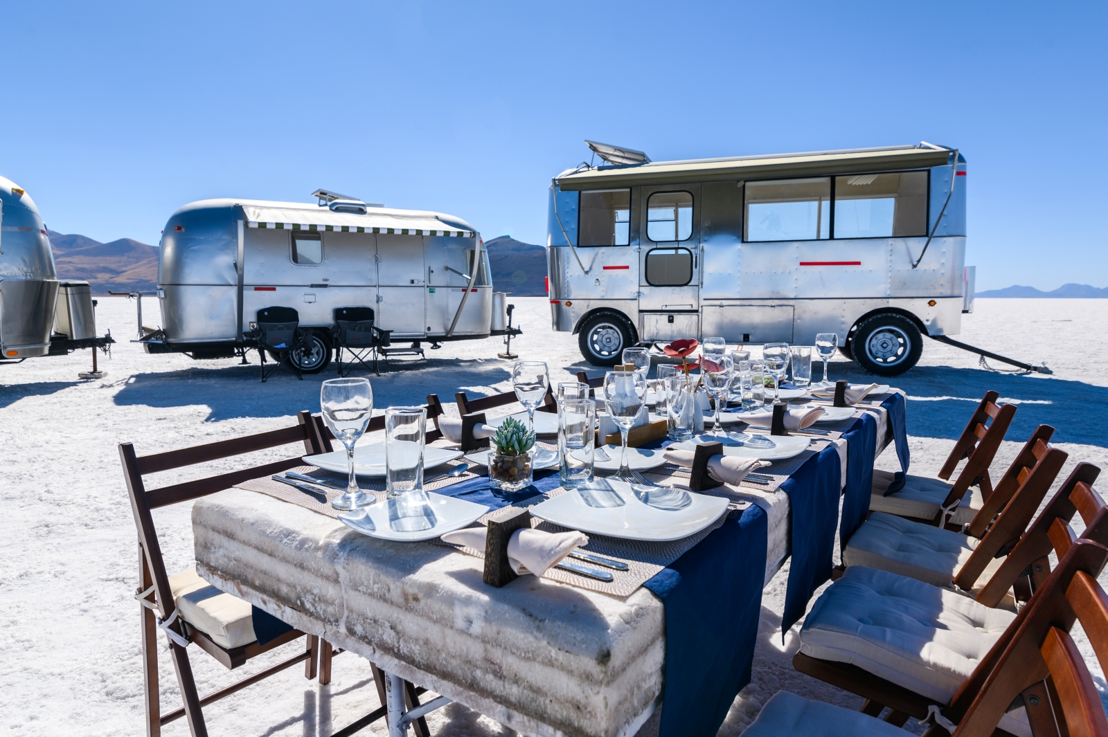 Dining in Deluxe Airstream Camper in Bolivia Salt Flats