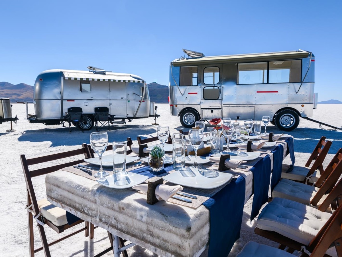 Dining in Deluxe Airstream Camper in Bolivia Salt Flats