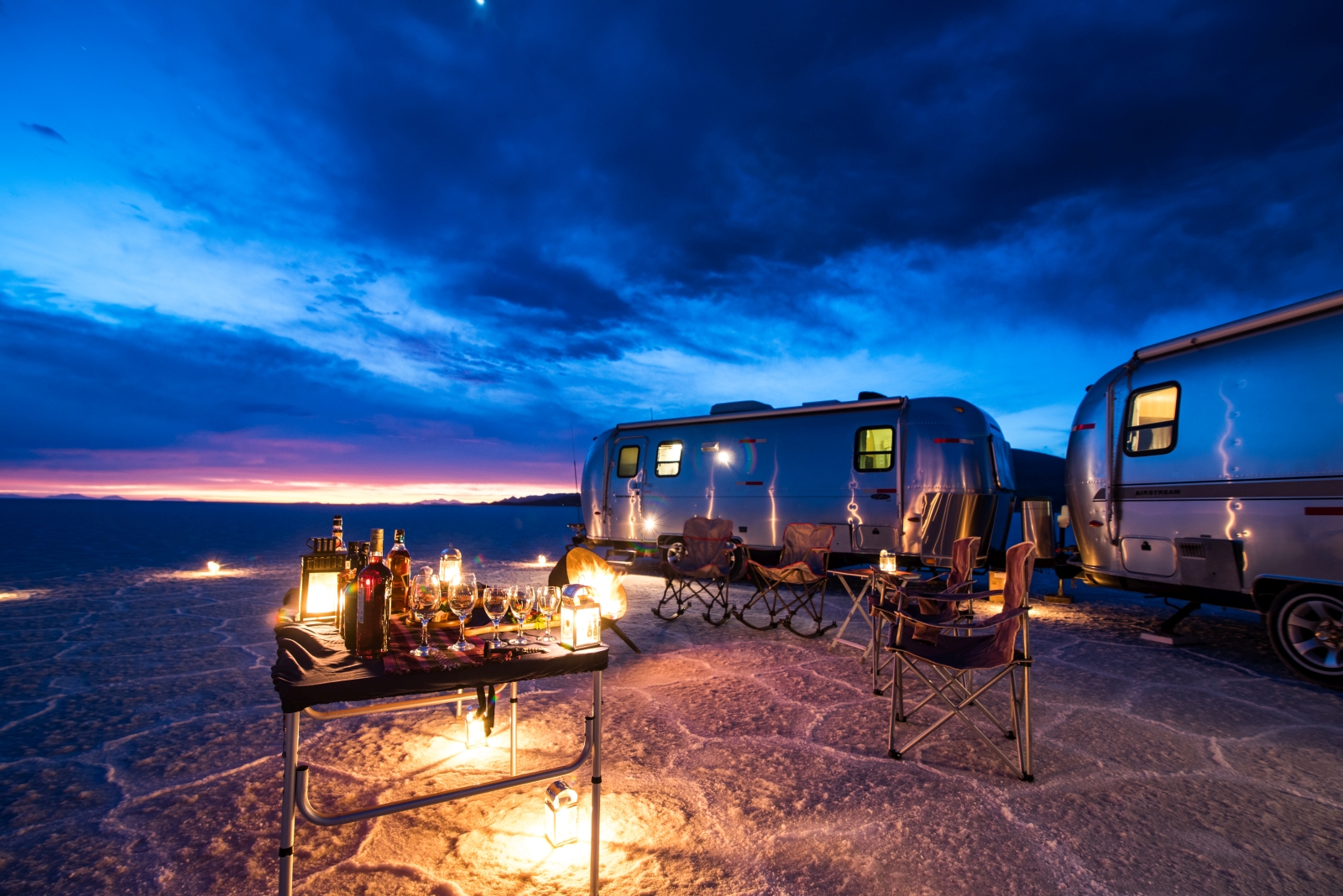 Evening view of Deluxe Airstream Camper in Bolivia Salt Flats