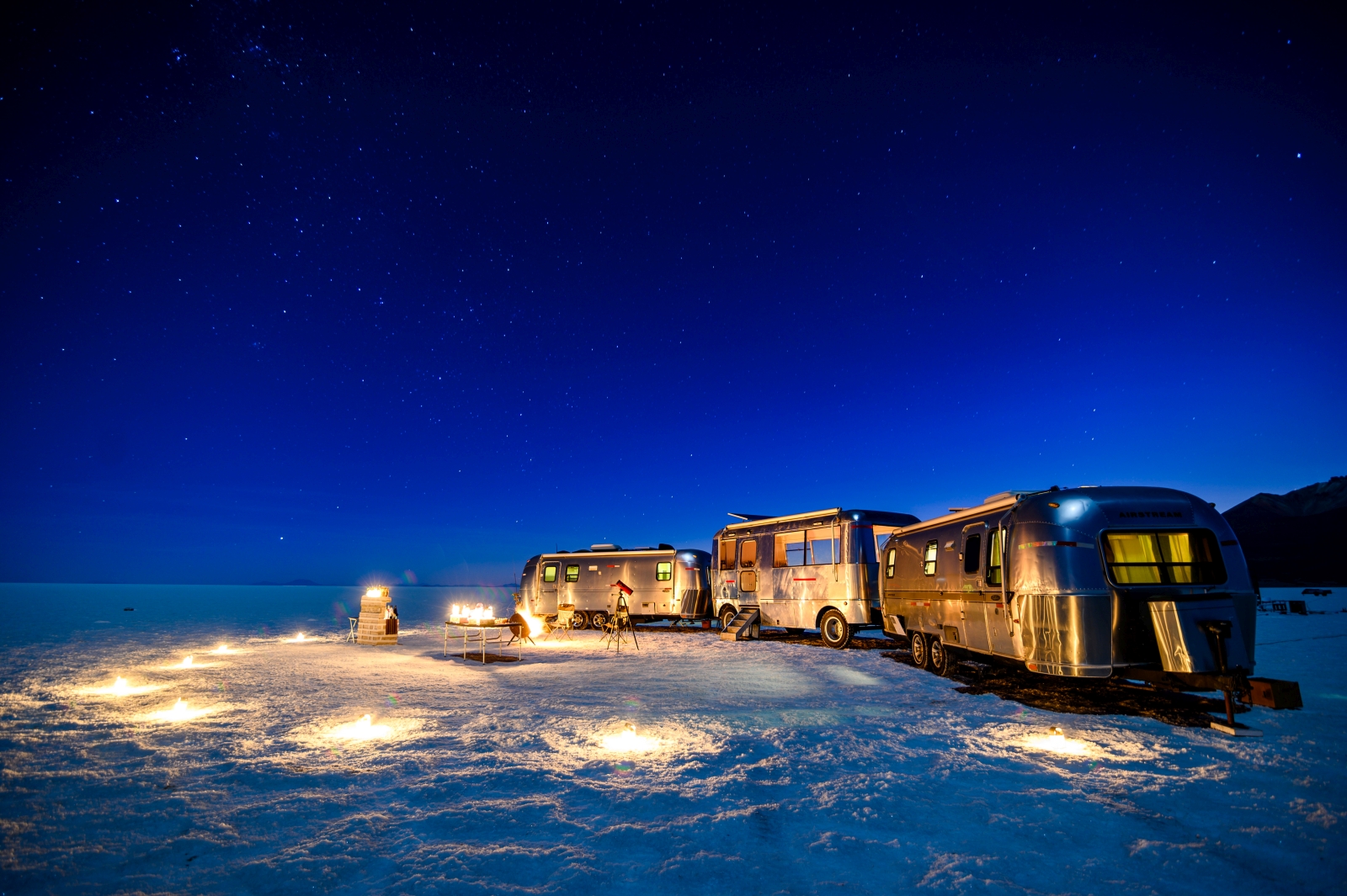 Evening view of Deluxe Airstream Camper in Bolivia Salt Flats