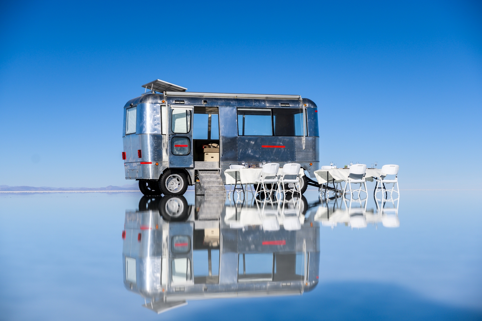 Morning view of Deluxe Airstream Camper in Bolivia Salt Flats