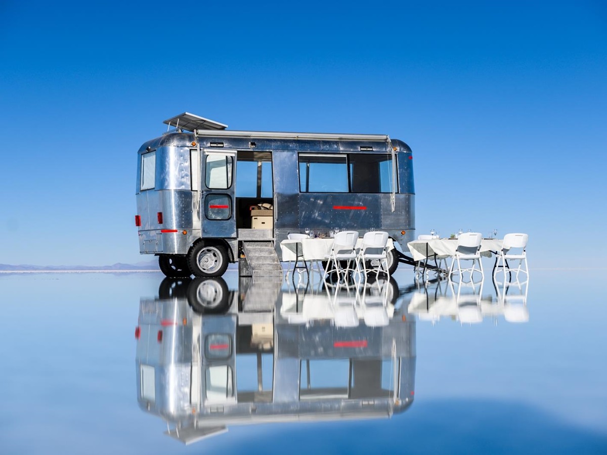 Morning view of Deluxe Airstream Camper in Bolivia Salt Flats