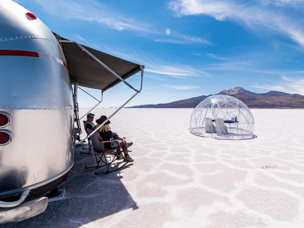 Sphere of Deluxe Airstream Camper in Bolivia Salt Flats