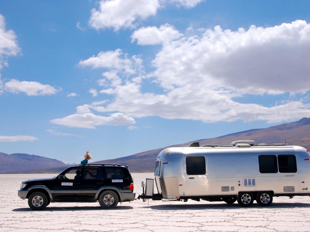 Towing of Deluxe Airstream Camper in Bolivia Salt Flats