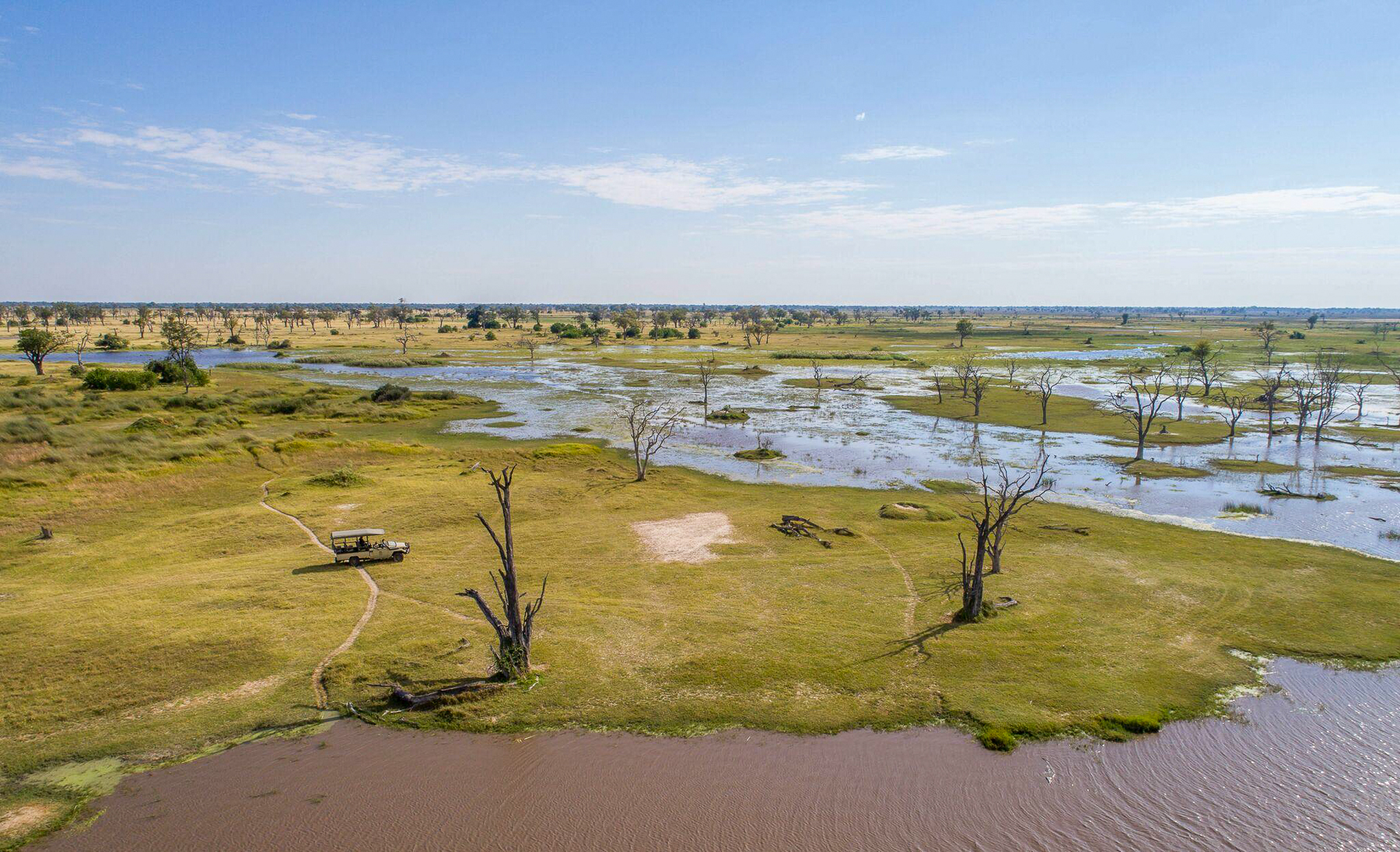 Aerial view of a game drive from Camp Moremi in the Moremi Game Reserve in Botswana