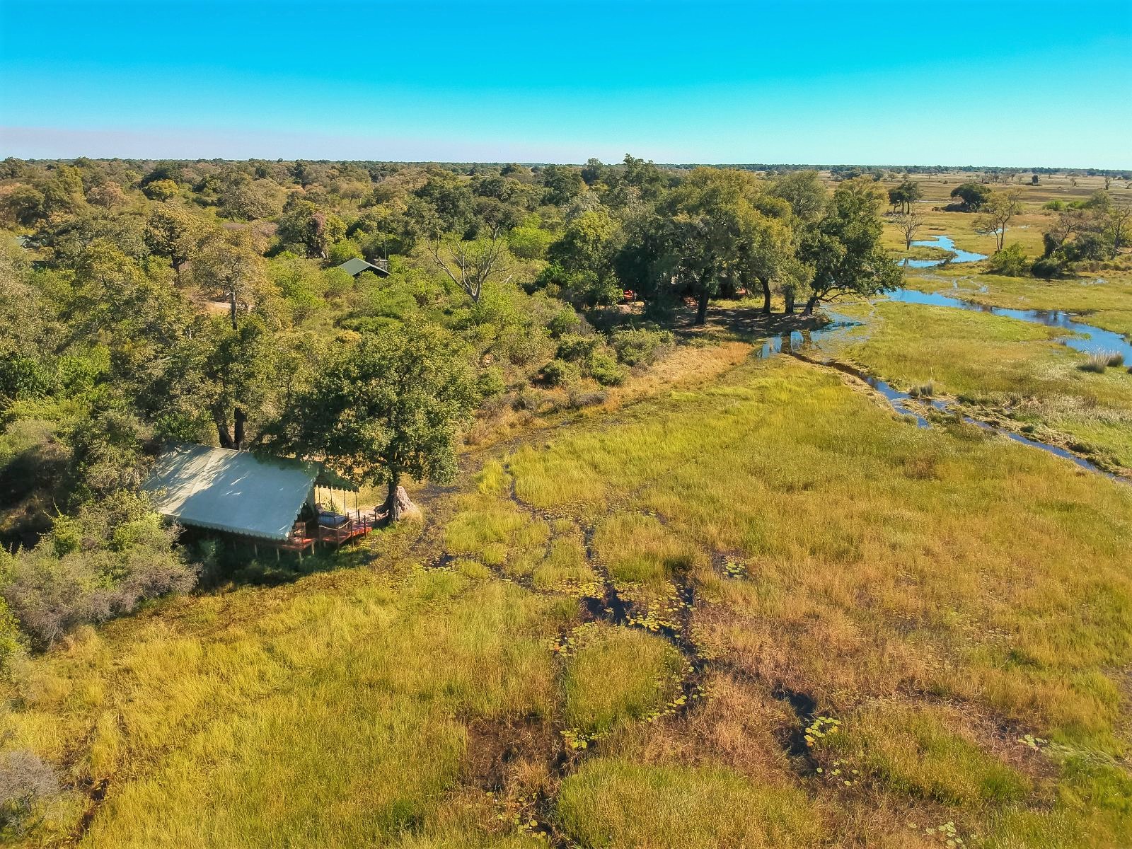 Aerial view of Duke's Camp on the Okavango Delta in Botswana