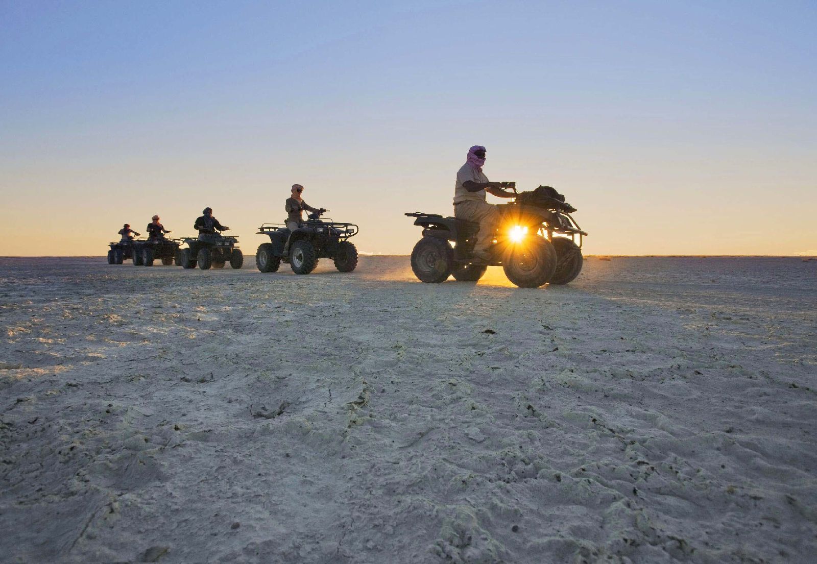Quad biking on the Makgadikgadi Salt Pans from Jacks Camp Botswana
