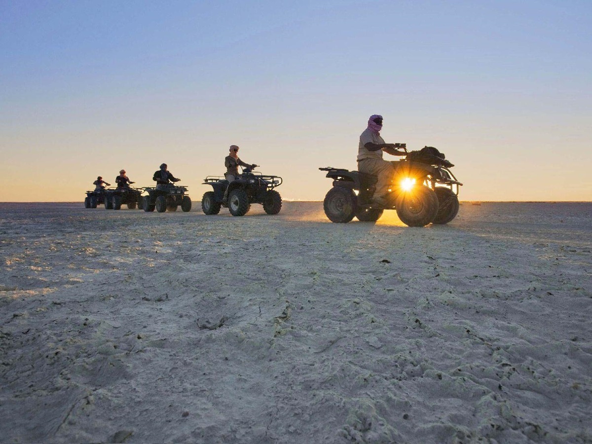 Quad biking on the Makgadikgadi Salt Pans from Jacks Camp Botswana