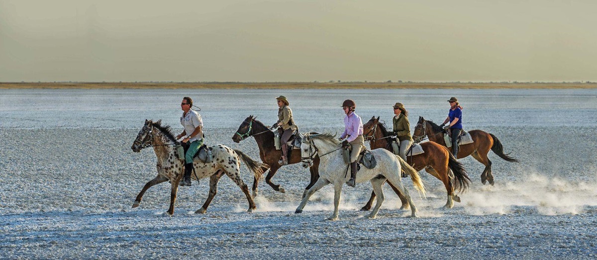 Horse riding through the salt pans at Jacks Camp Botswana