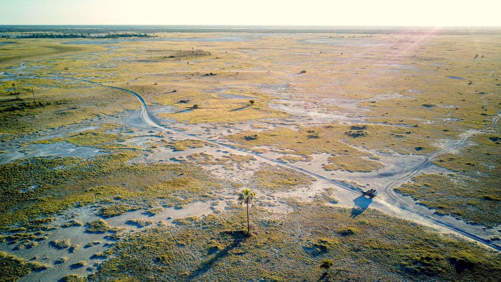 Aerial view of a game drive near Jack's Private Camp in the Makgadikgadi Pans National Park