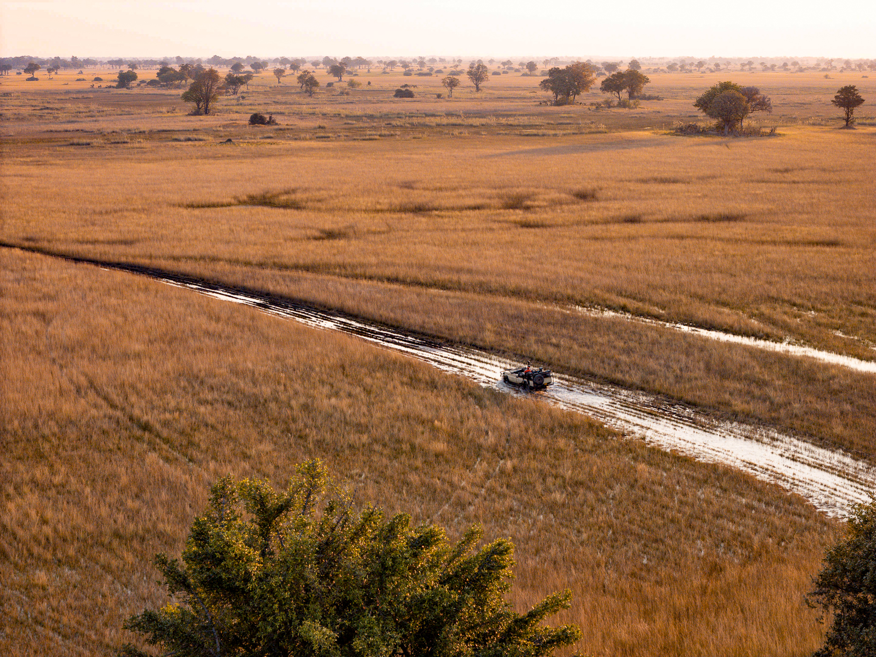 Aerial view of a game drive at Kanana Camp in the Okavango Delta