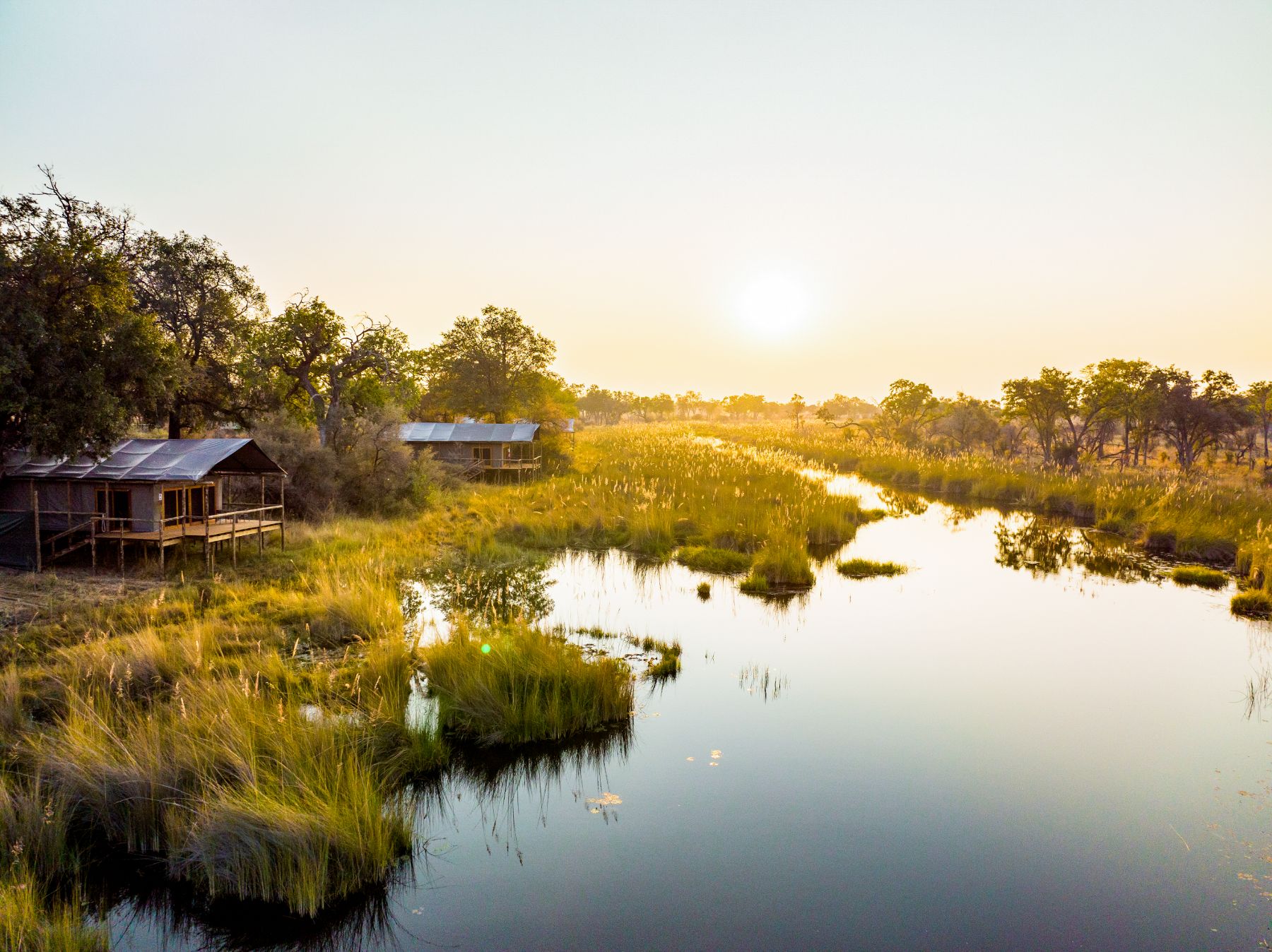 Guest accommodation overlooking the floodwaters at Kwando 4 Rivers in the Okavango Delta