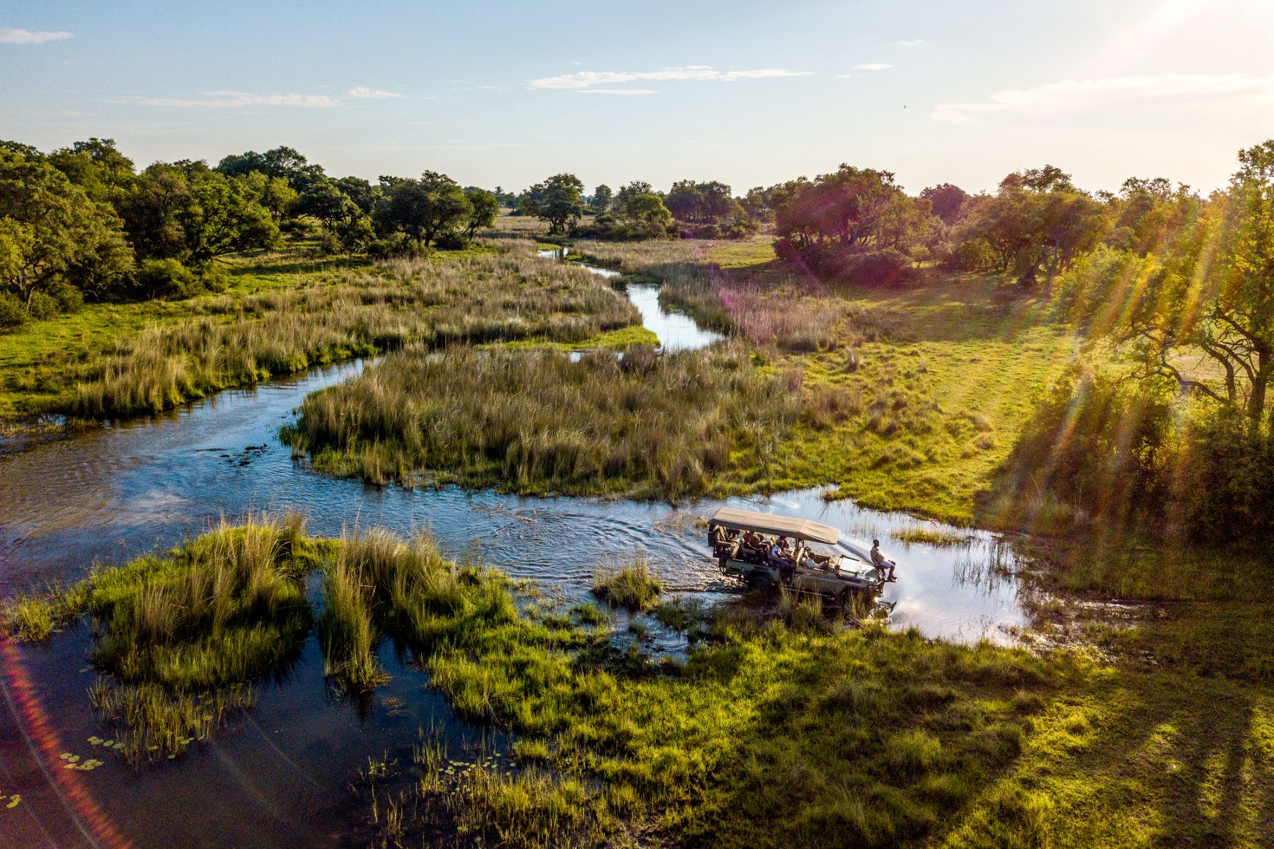 A game drive through floodwaters at Kwando 4 Rivers in the Okavango Delta