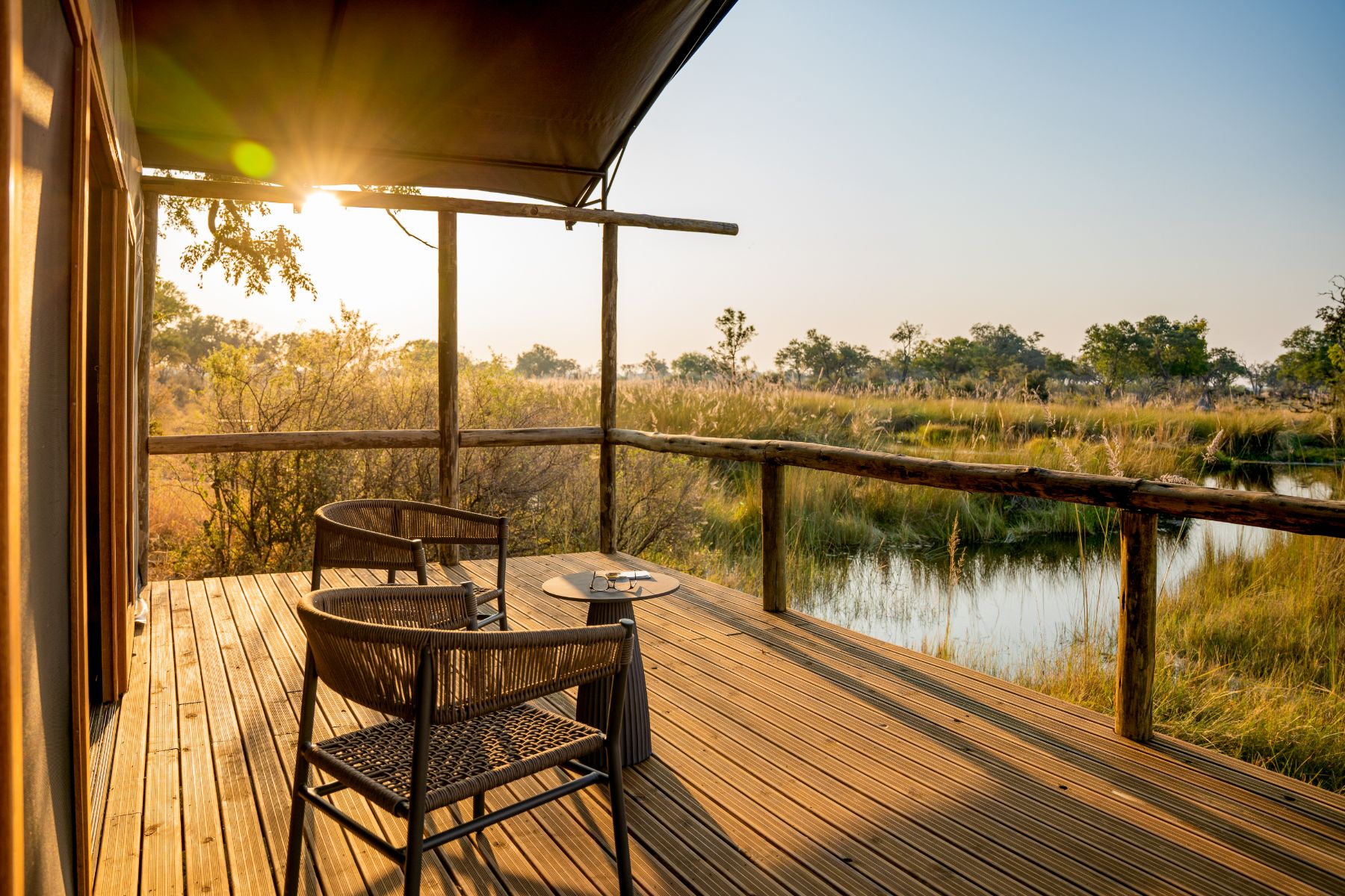 Guest terrace overlooking the floodwaters at Kwando 4 Rivers in the Okavango Delta