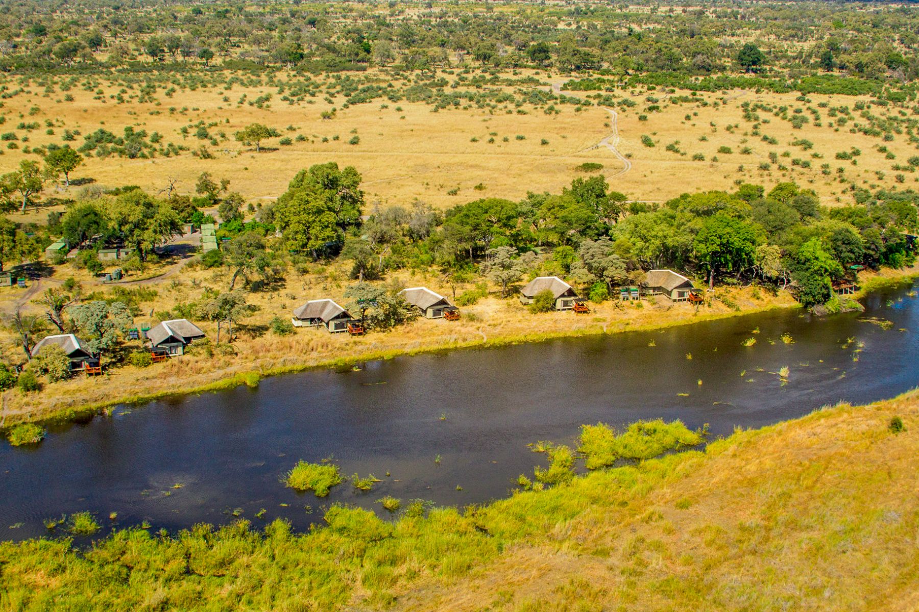 Aerial view of Kwando Lagoon camp in the Kwando Reserve