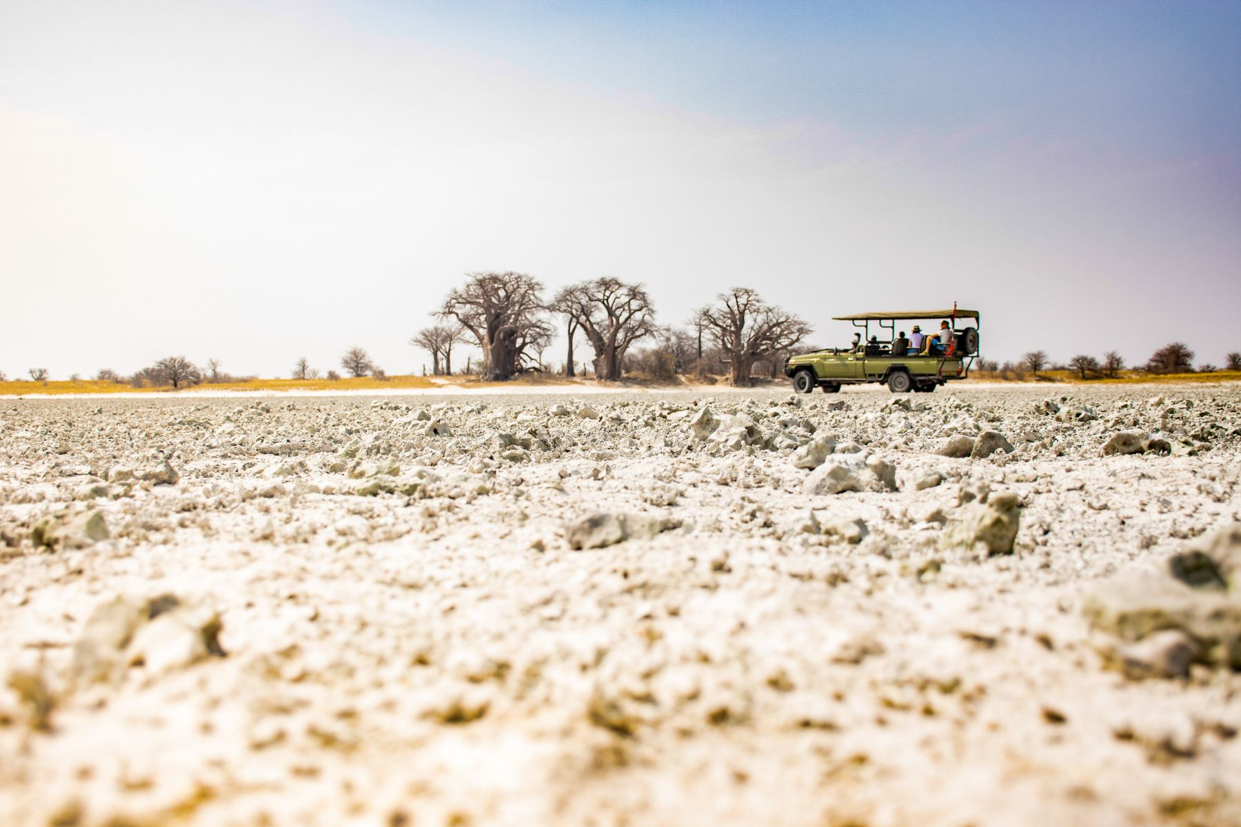 A jeep from Kwando Nxai Pan Camp on a game drive in the Nxai Pan National Park