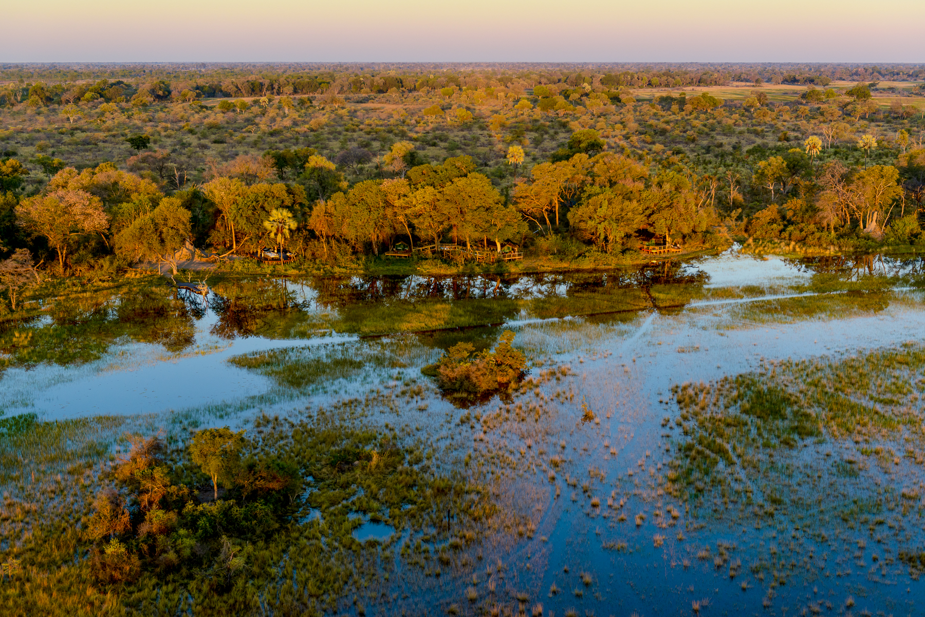 Aerial view of Macatoo Camp in the southwestern floodplains of the Okavango Delta