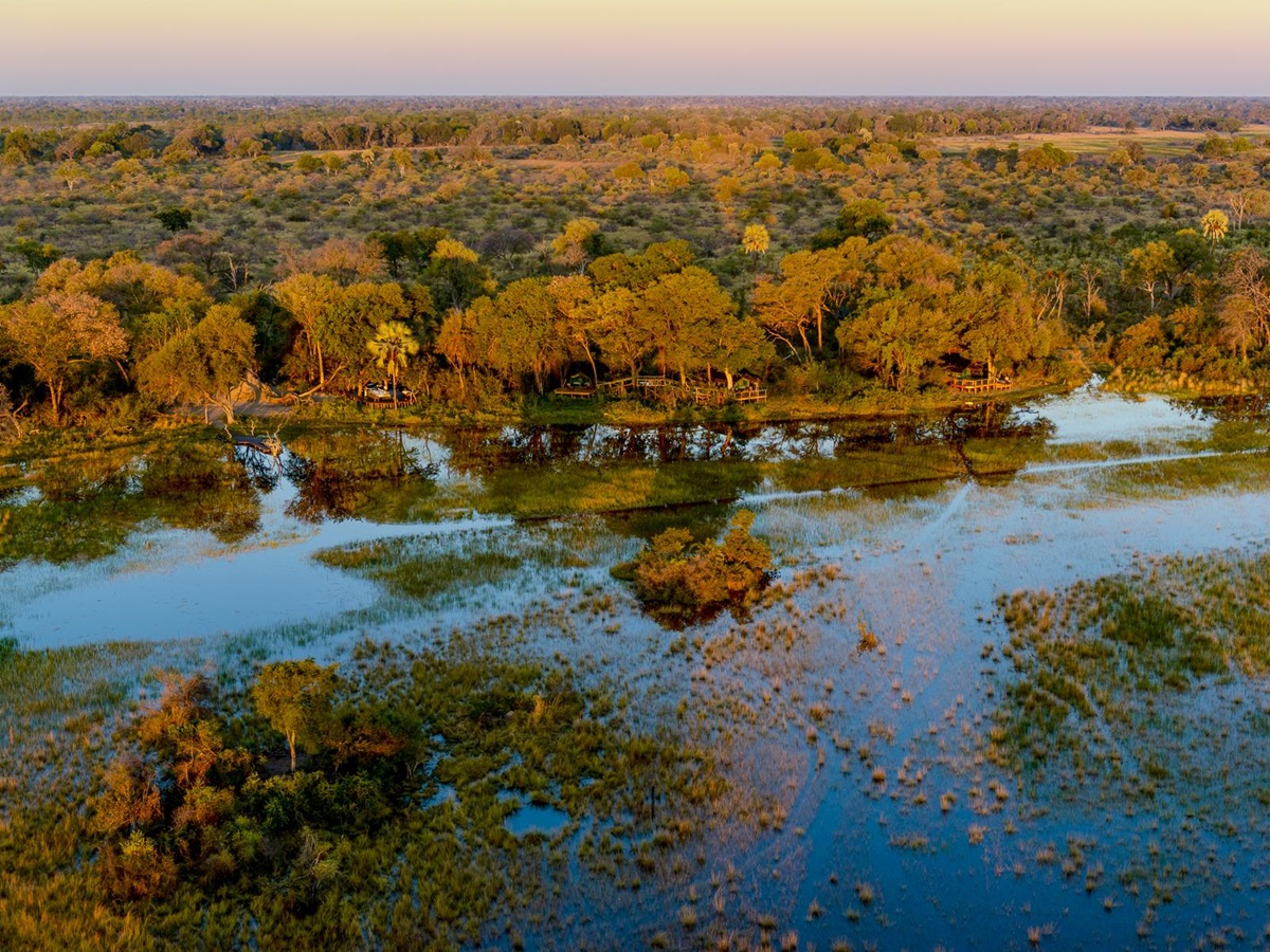 Aerial view of Macatoo Camp in the southwestern floodplains of the Okavango Delta