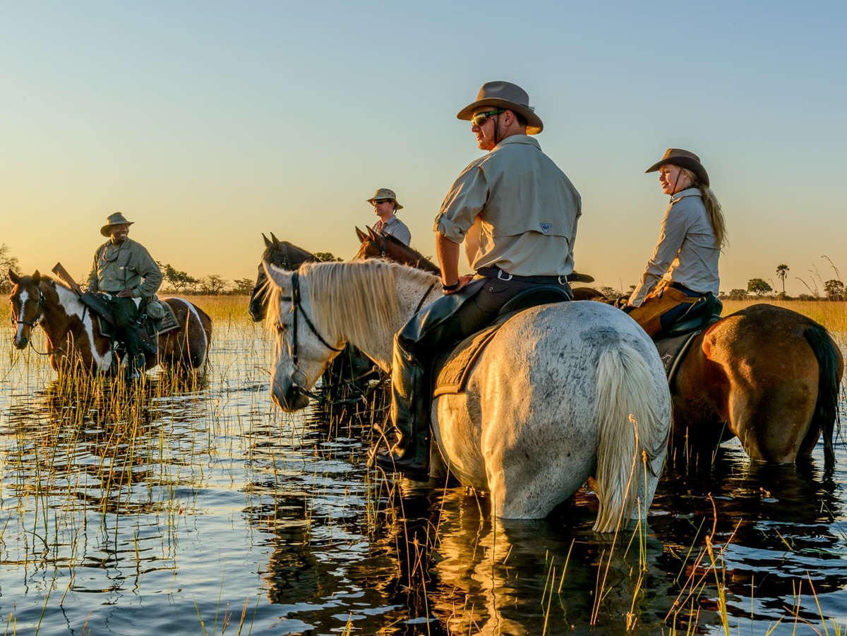 Riding through the floodplains at Macatoo Camp in the Okavango Delta
