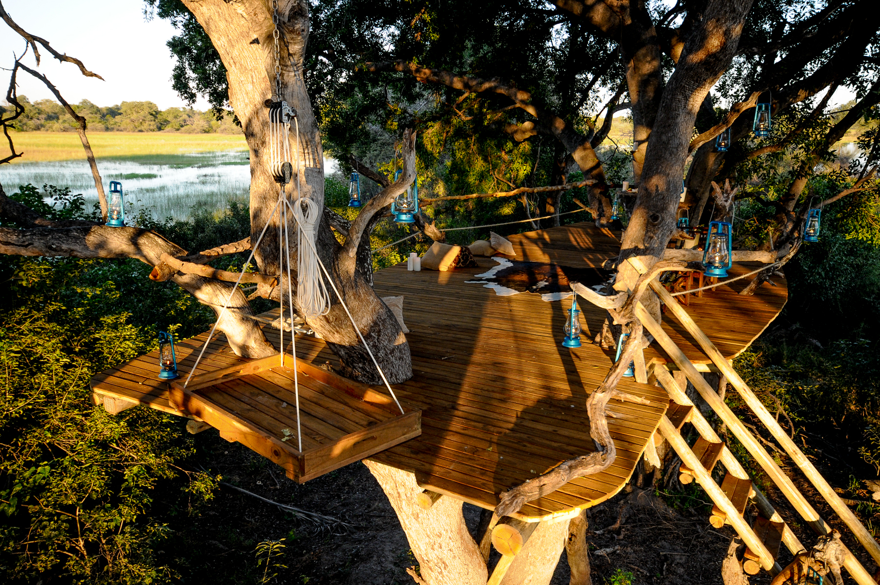 The treehouse platform at Macatoo Camp in the Okavango Delta