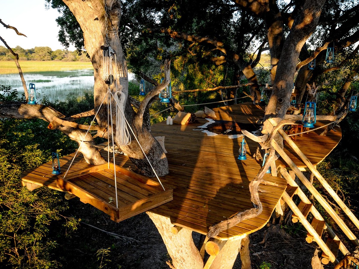 The treehouse platform at Macatoo Camp in the Okavango Delta