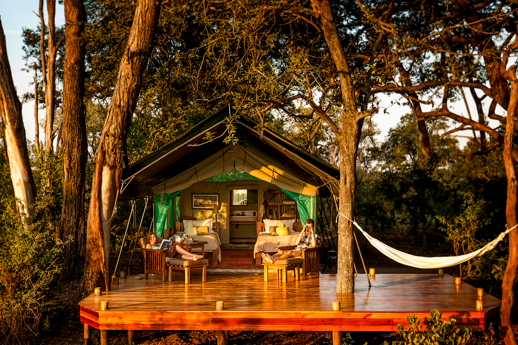 Exterior view of a twin tent at Macatoo Camp in the Okavango Delta
