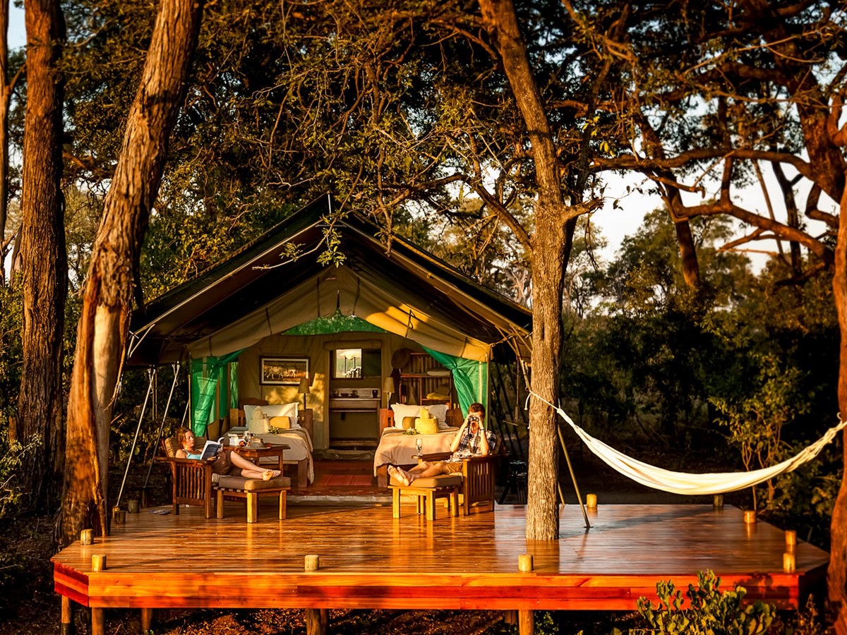 Exterior view of a twin tent at Macatoo Camp in the Okavango Delta