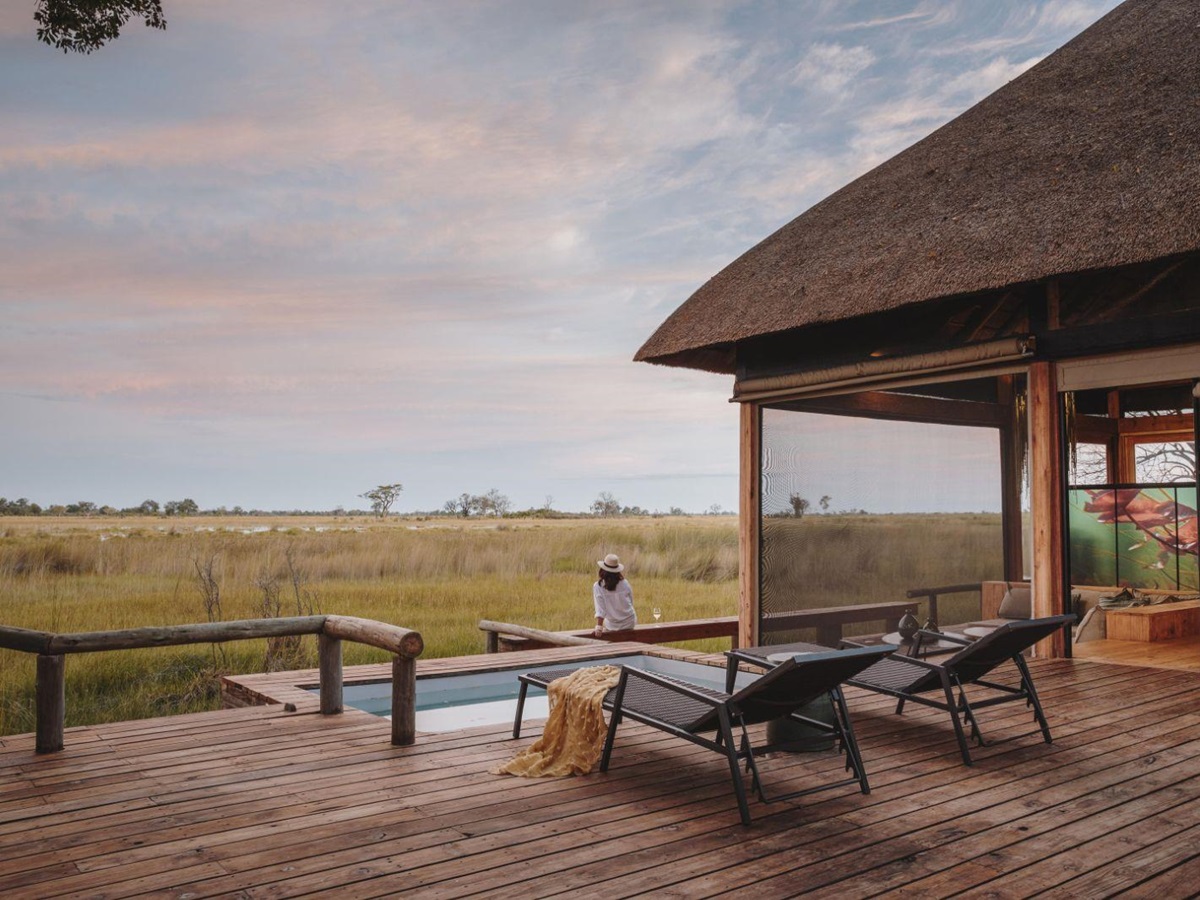 Sun loungers and private plunge pool at Vumbura Plains in the Okavango Delta in Botswana