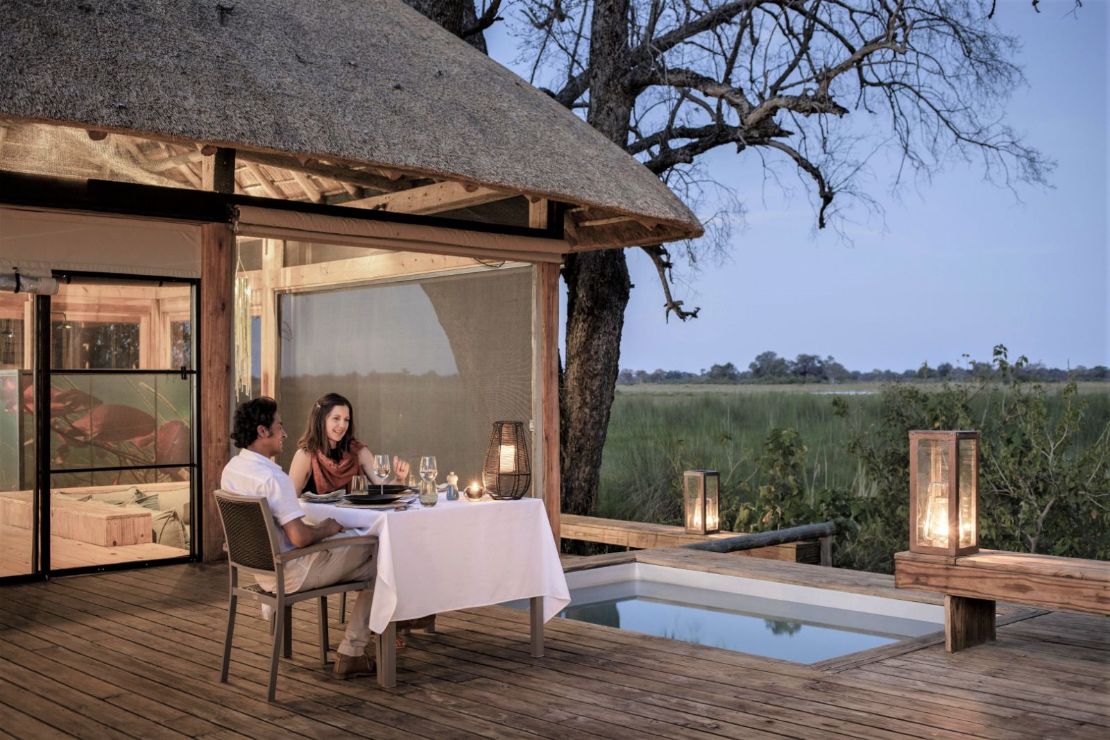Private dining on suite terrace at Vumbura Plains in Okavango Delta in Botswana