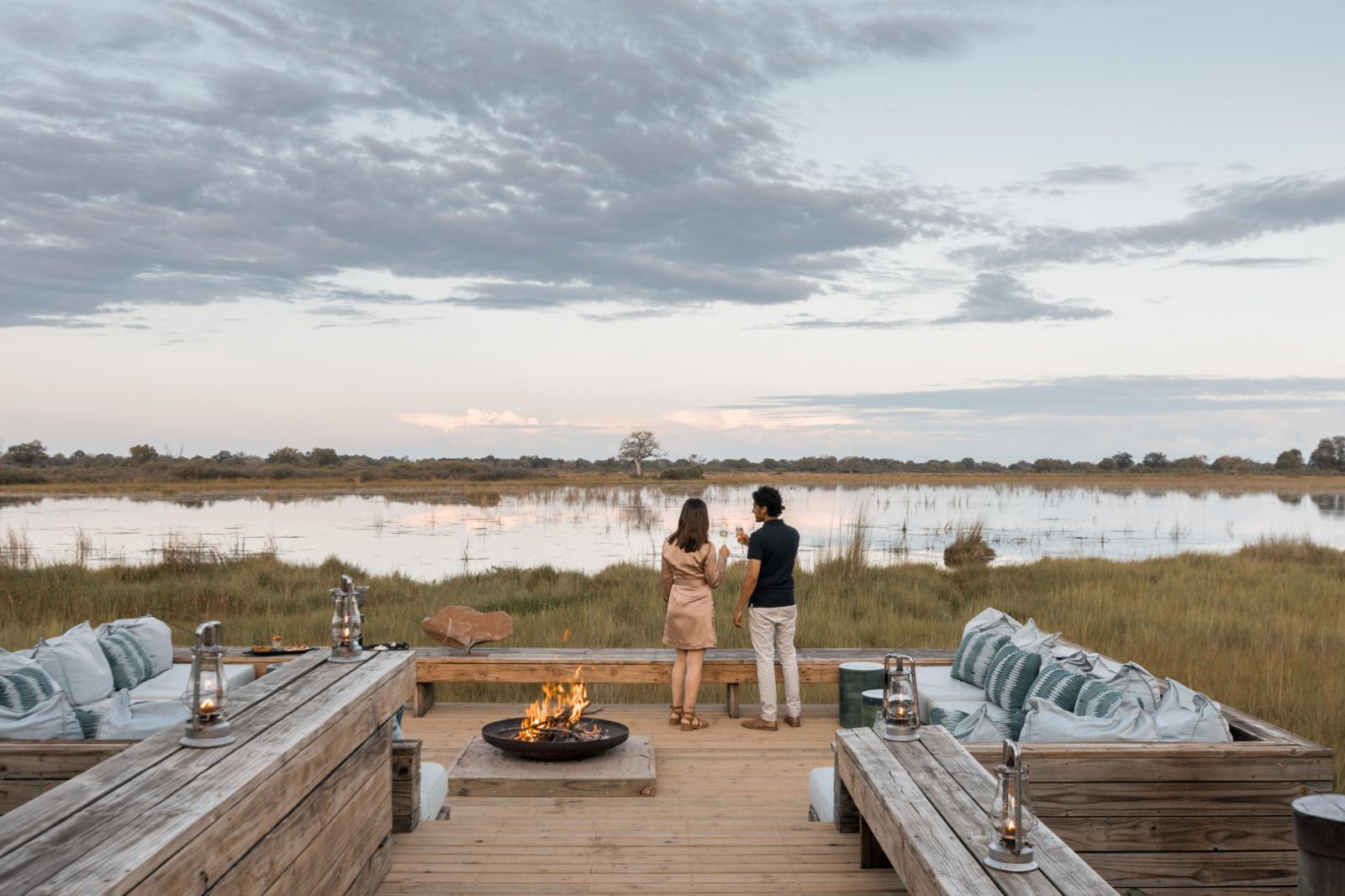Firepit and terrace at Vumbura Plains overlooking the Okavango Delta in Botswana