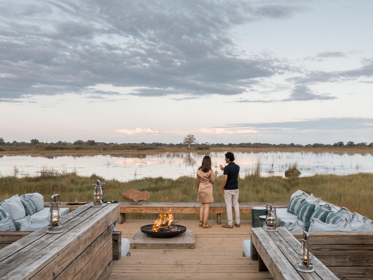 Firepit and terrace at Vumbura Plains overlooking the Okavango Delta in Botswana