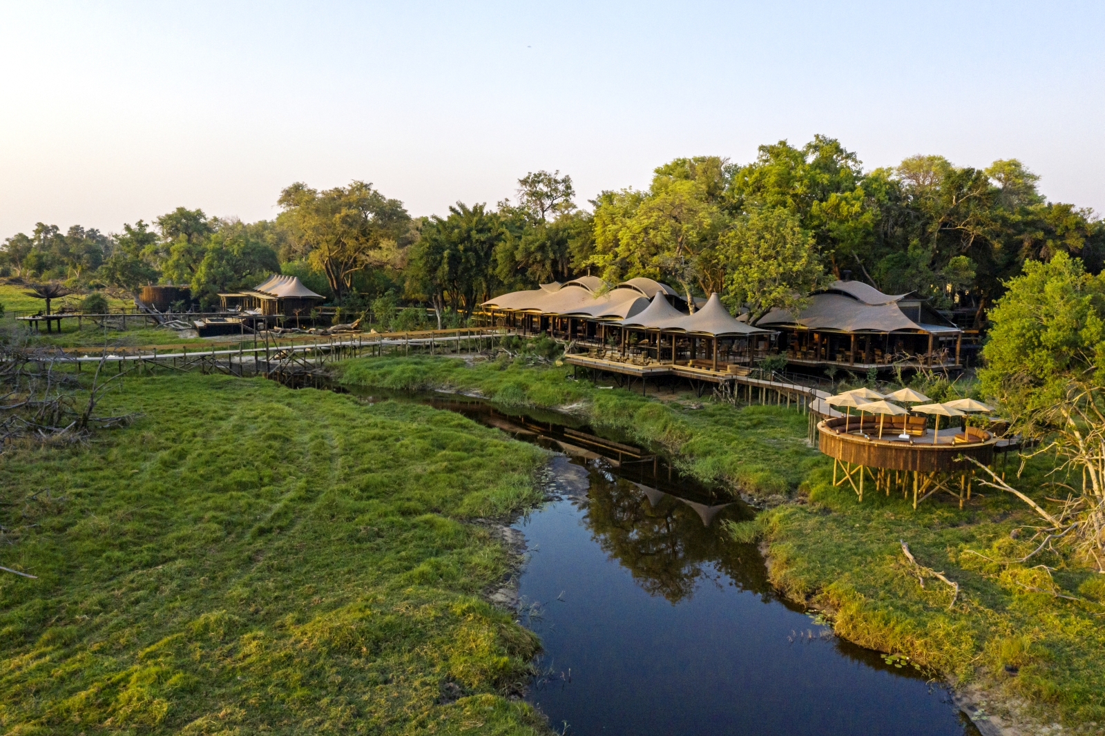 Aerial view of Xigera Safari Camp and its waterways in the Okavango Delta, Botswana