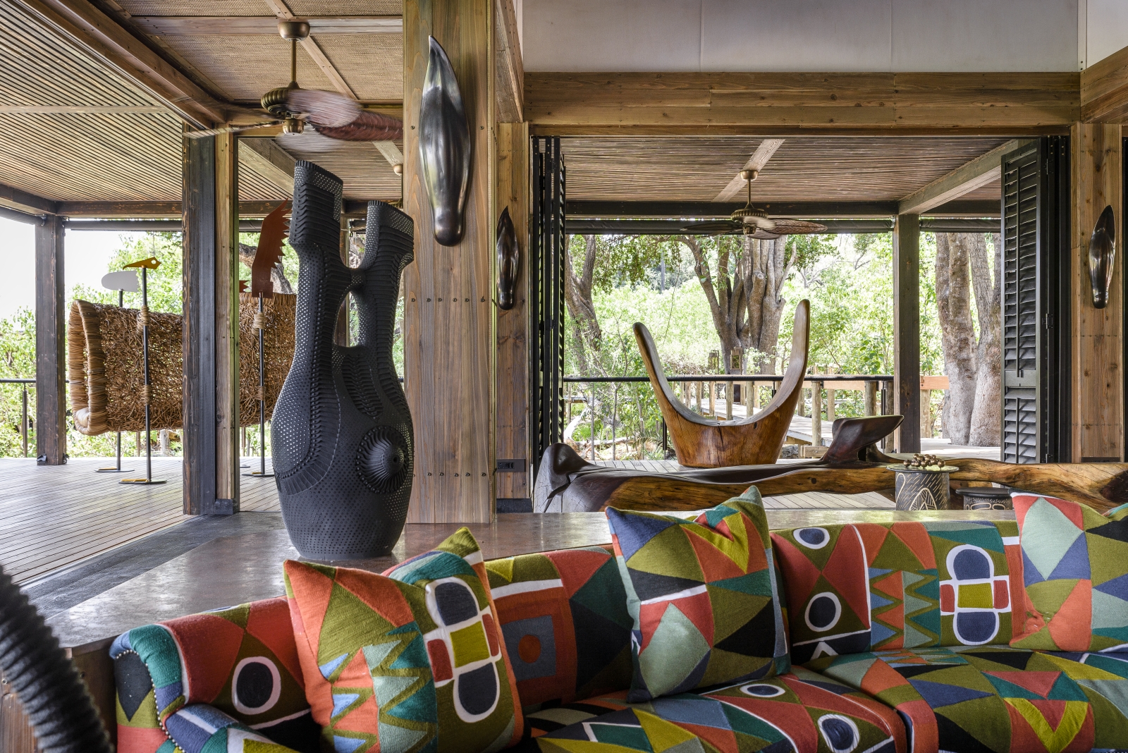 Contemporary African art decorates Xigera Safari Camp, luxury camp in the Okavango Delta, Botswana