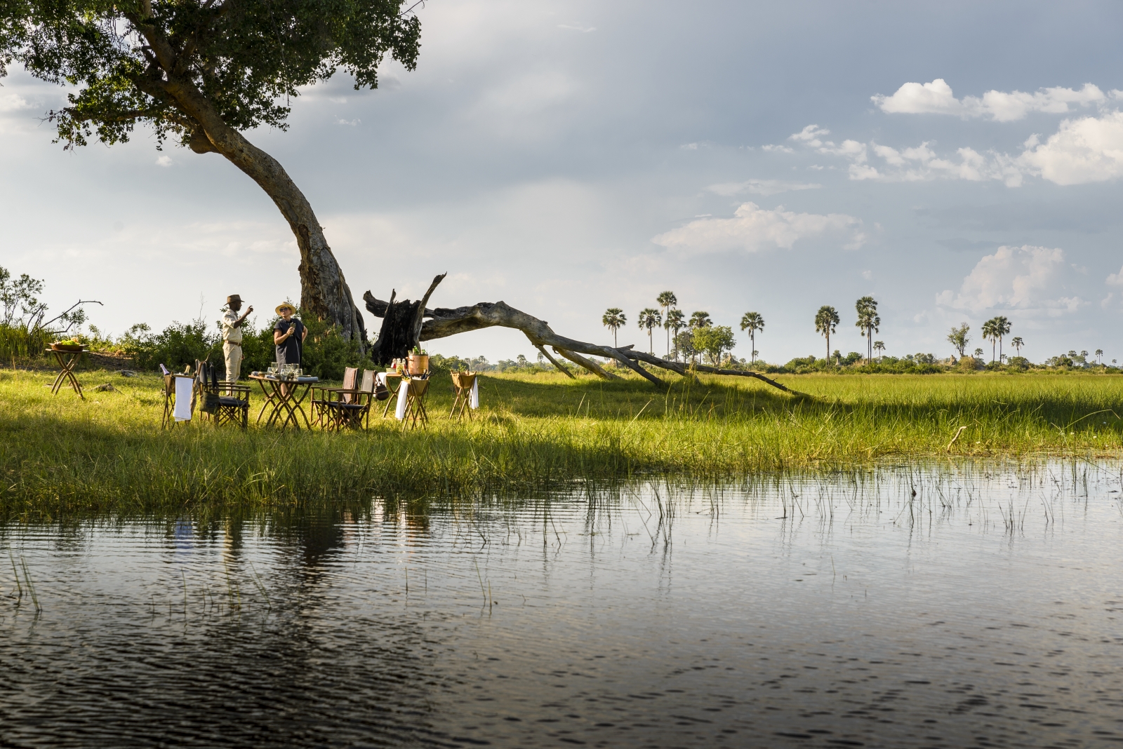 Bush breakfast set up by a waterway in the Okavango Delta