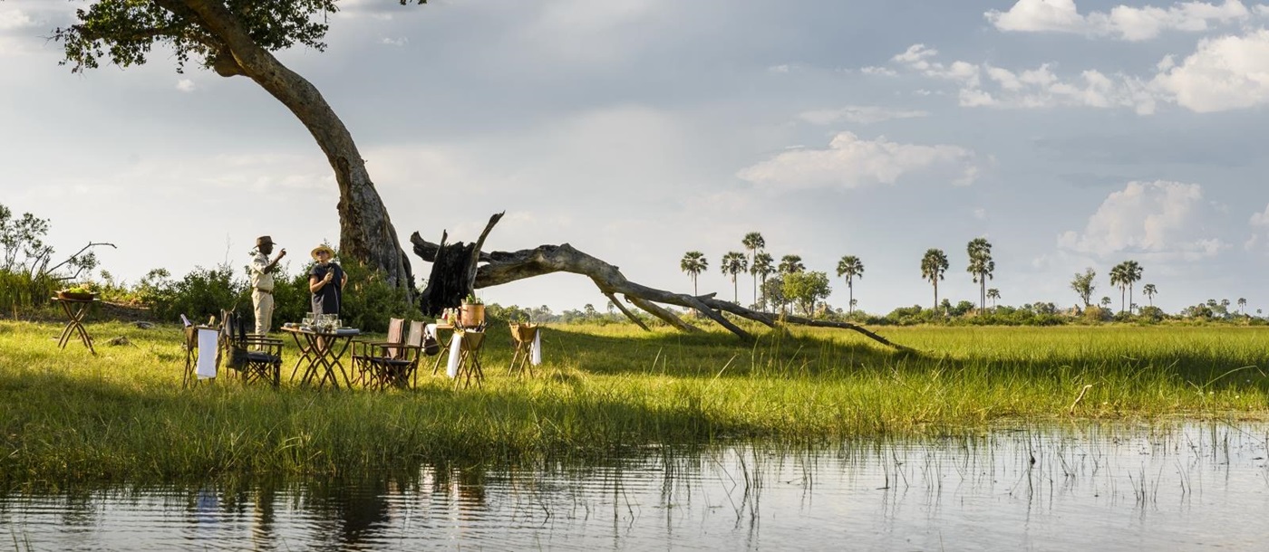 Bush breakfast set up by a waterway in the Okavango Delta