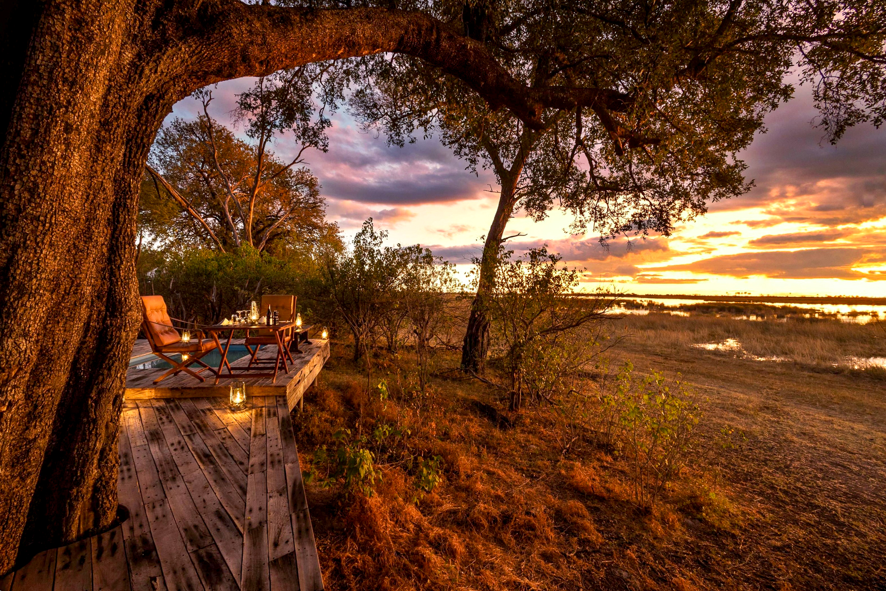 Sunset over Zarafa Camp in Botswana